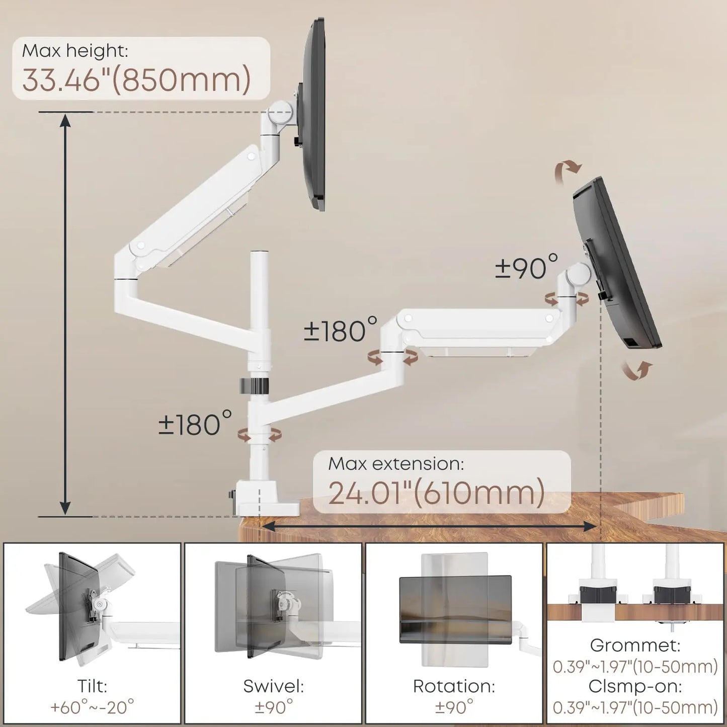 24-57 inch Dual Vertical Monitor Mount, Extra Tall/Wide Adjustable, Premium Aluminum Dual Monitor Desk Mount, VESA 75x75-200x200 mm, White PUTORSEN