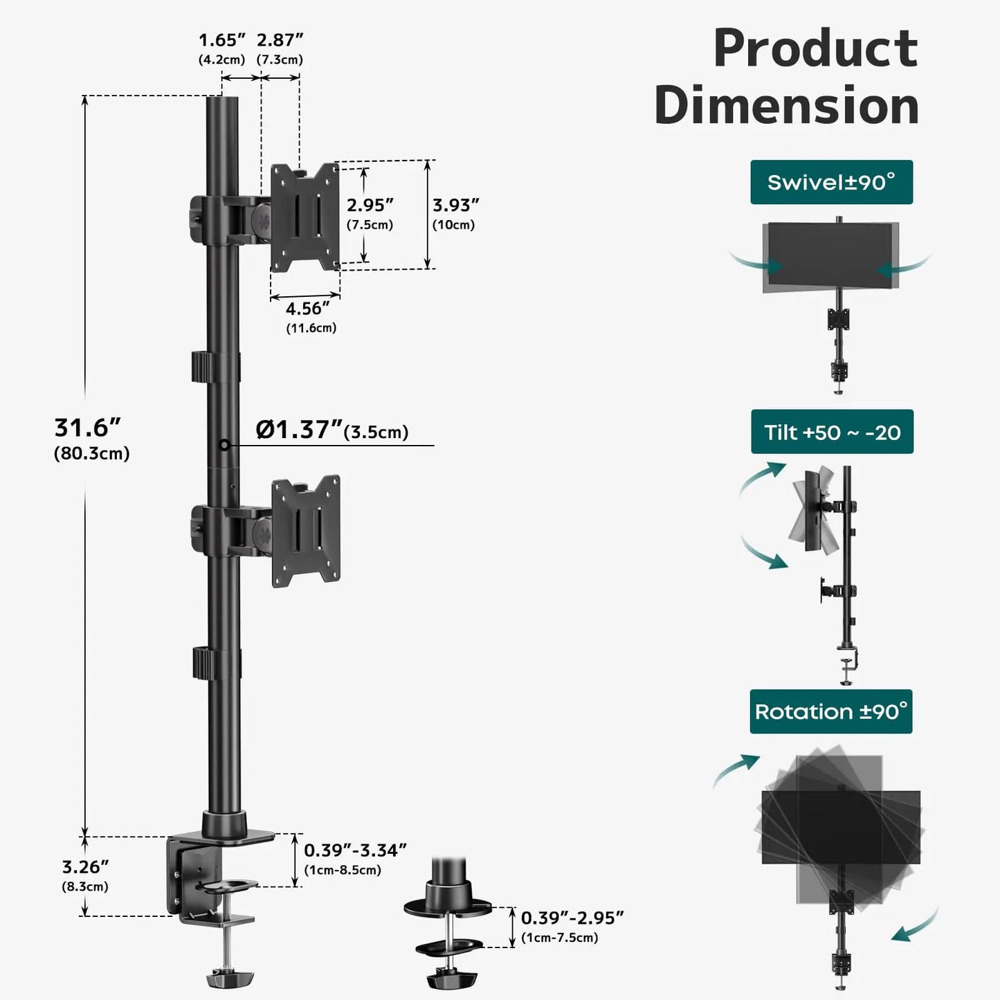 Dual Vertically Stacked Ultrawide Monitor Desk Mount 17-49 Inch - Extra Tall Heavy Duty Adjustable Monitor Arm for 2 monitores,Weight 2-20 kg per Arm,VESA 75/100 mm PUTORSEN