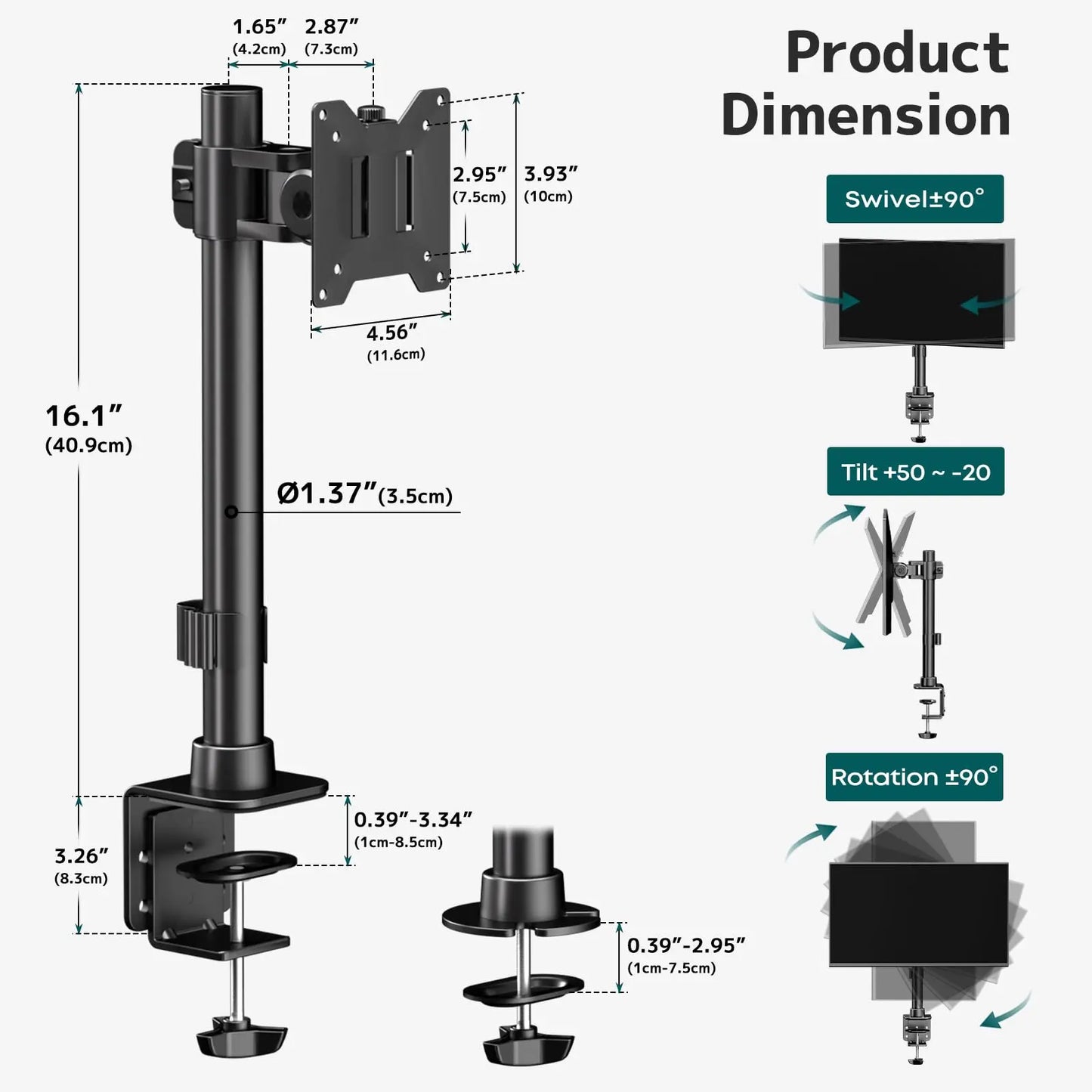 Monitor Arm Ultrawide Heavy Duty 17-49 Inch - Single Monitor Mount holds up to 44lbs, Adjustable Desk Mount Stand, VESA75/100mm, Black PUTORSEN