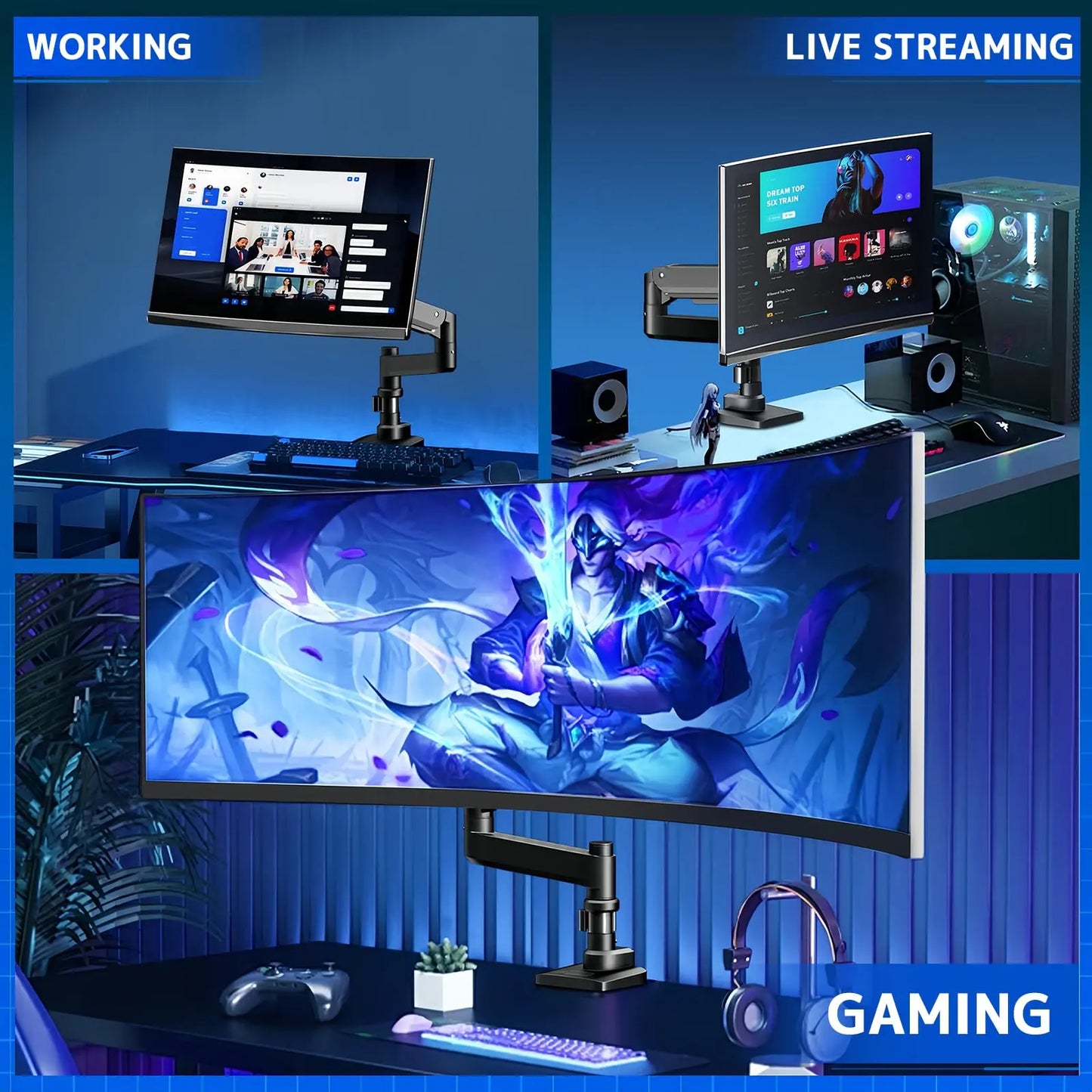 Monitor mount 1 monitors for 17-57 inch flat & curved screen, gas spring monitor desk mount height adjustable tiltable swivel, weight capacity 2-20 kg per arm , black PUTORSEN