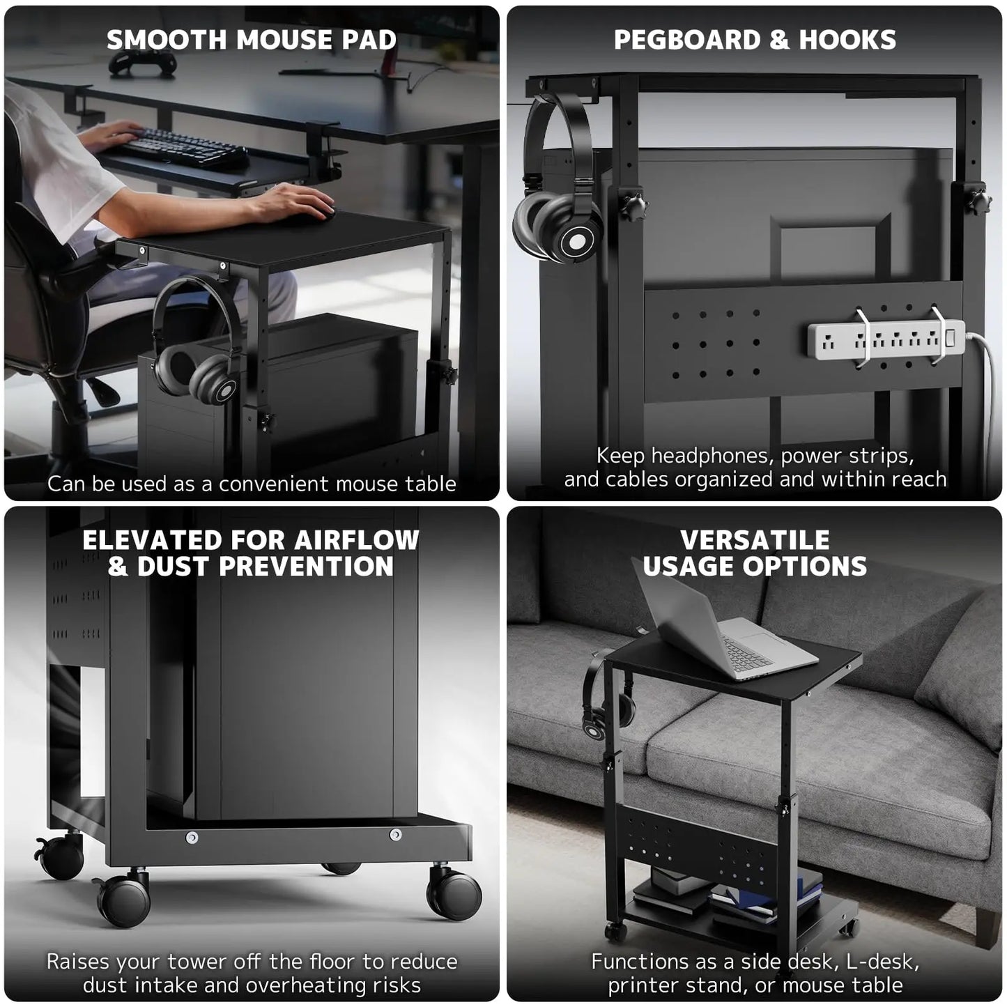 PUTORSEN Computer Tower Stand Cart - 2-Tier CPU Cart with 4 Casters, Rolling Holder with Pegboard & 2 Hooks, Height Adjustable from 20 7/16" to 30 1/4" PUTORSEN