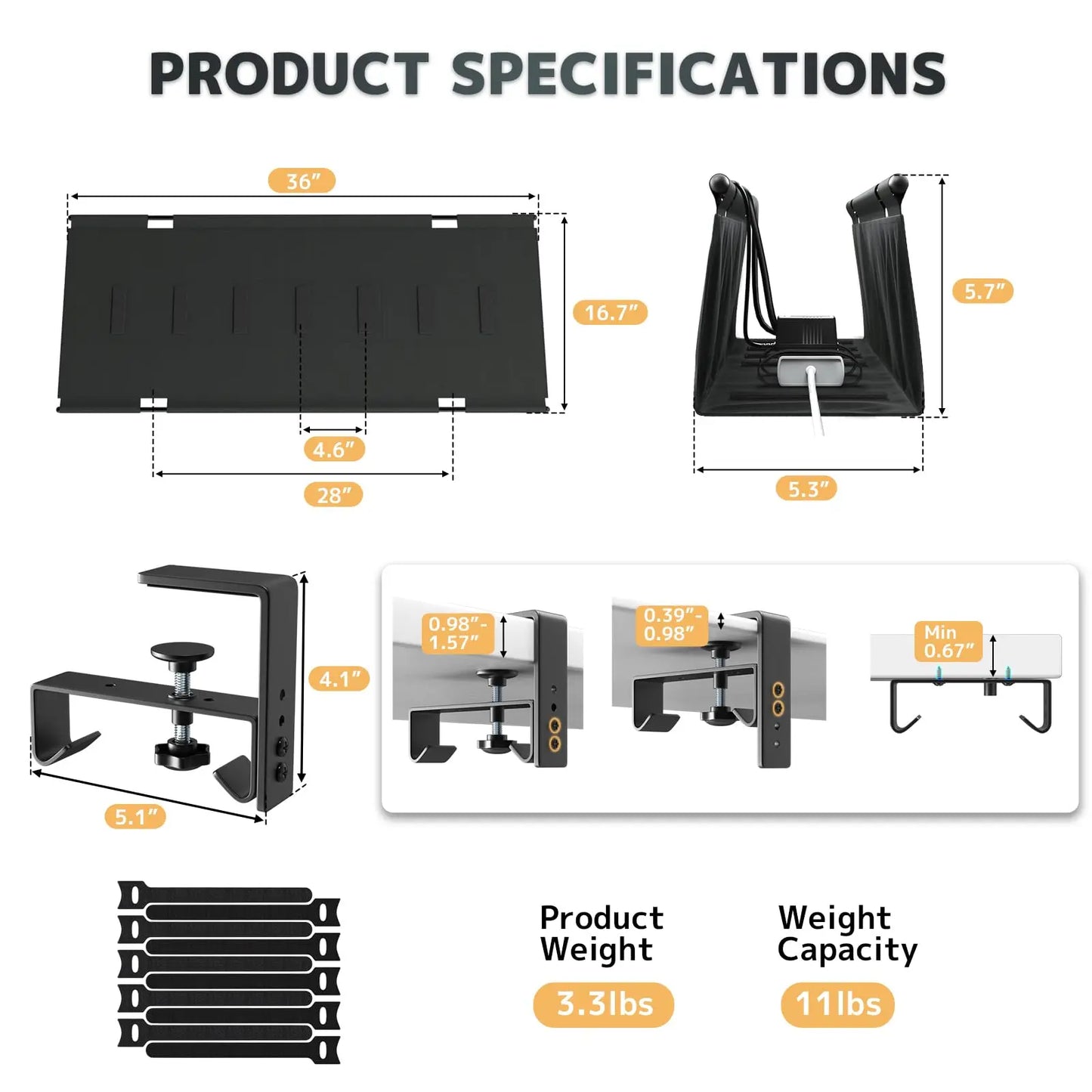 PUTORSEN No Drill Under Desk Cable Management Tray - 36" Clamp/Screw Desk Cord Management, Premium Fabric Cable Racyway for Office & Home PUTORSEN