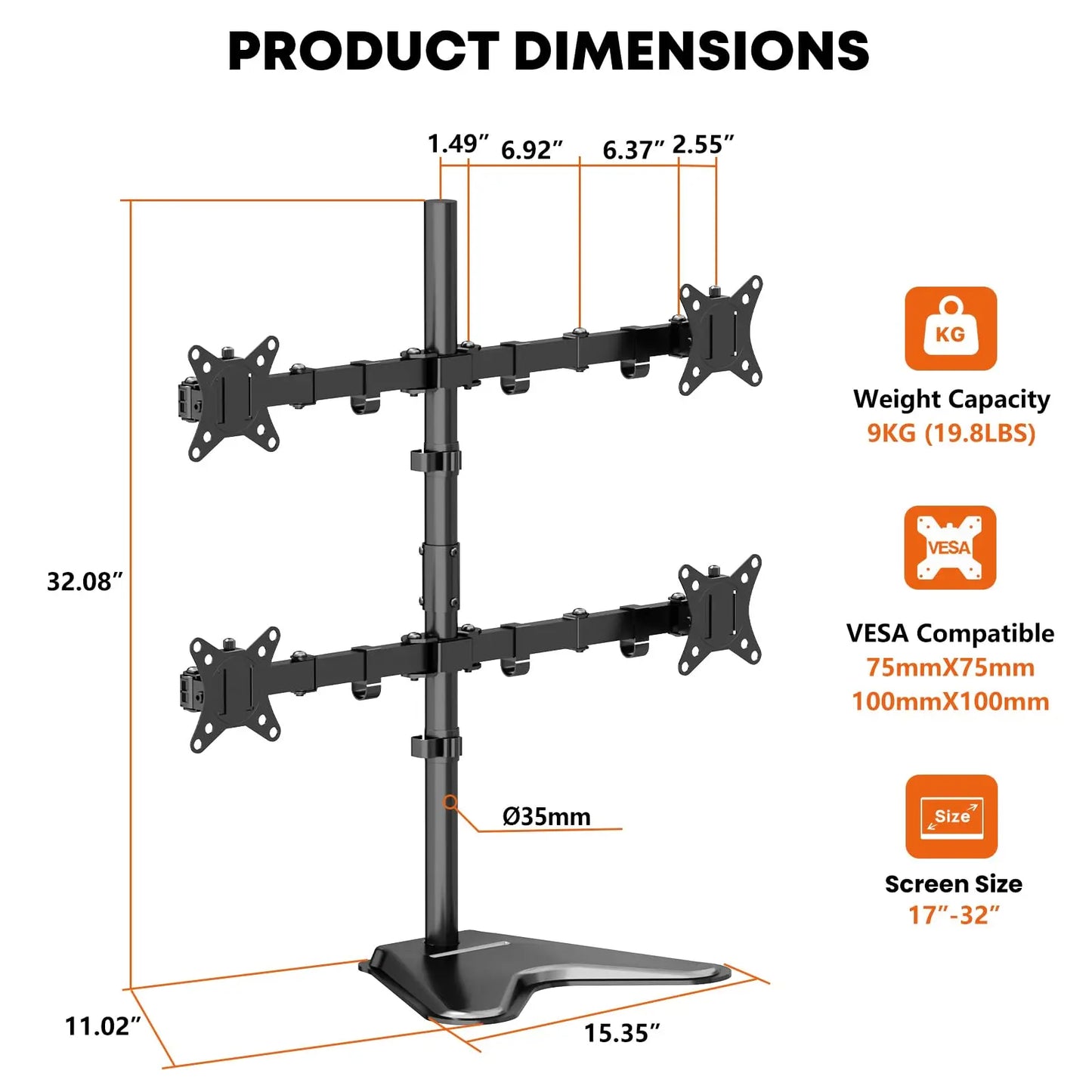 Quad Monitor Stand, 4 Monitor Mount for 17 to 32 inch Computer Screens,Hold up to 19.8lbs Each,Fully Adjustable Stacked 4 Monitor Desk Mount,Black PUTORSEN