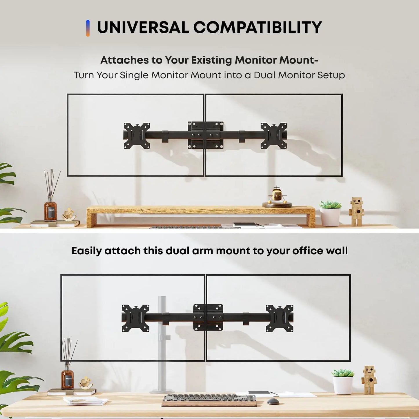 PUTORSEN Dual Monitor Wall Mount, Horizontal Assembly Mount for 2 Monitor Screens up to 27 inches,Max. 10kg, VESA 75x75/100x100mm PUTORSEN