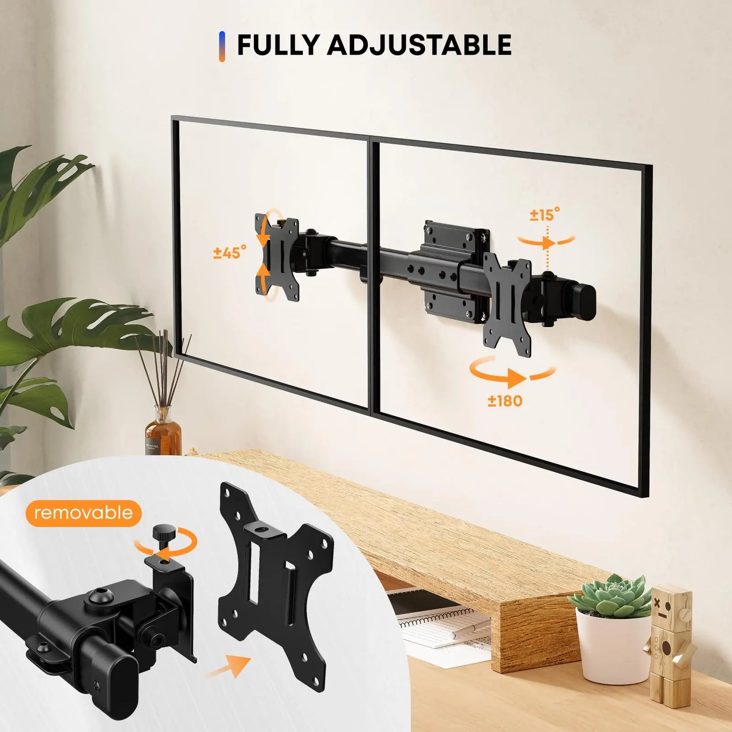 PUTORSEN Dual Monitor Wall Mount, Horizontal Assembly Mount for 2 Monitor Screens up to 27 inches,Max. 10kg, VESA 75x75/100x100mm PUTORSEN