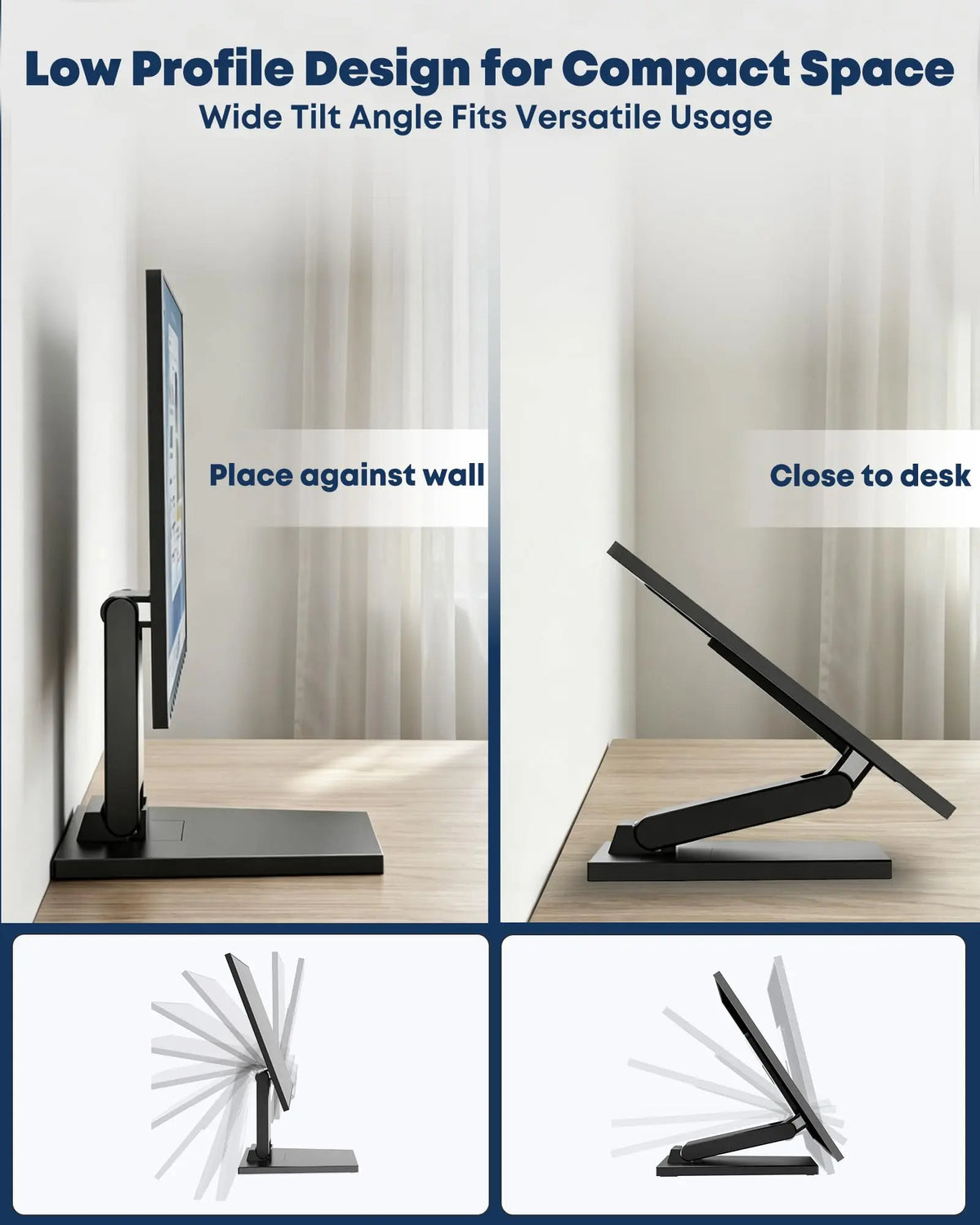 17"–27" Low Profile VESA Monitor Stand, 75x75 & 100x100mm VESA Mount, Foldable Lay-Flat Desktop Monitor Holder for LCD, LED & Touchscreen Displays, Short Metal Construction PUTORSEN