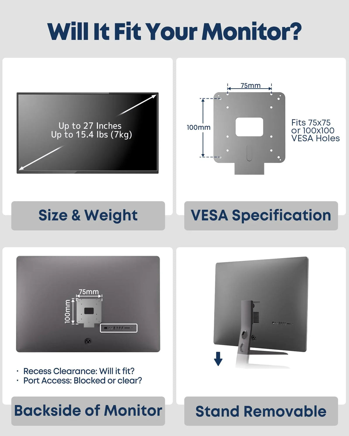 17"–27" Low Profile VESA Monitor Stand, 75x75 & 100x100mm VESA Mount, Foldable Lay-Flat Desktop Monitor Holder for LCD, LED & Touchscreen Displays, Short Metal Construction PUTORSEN