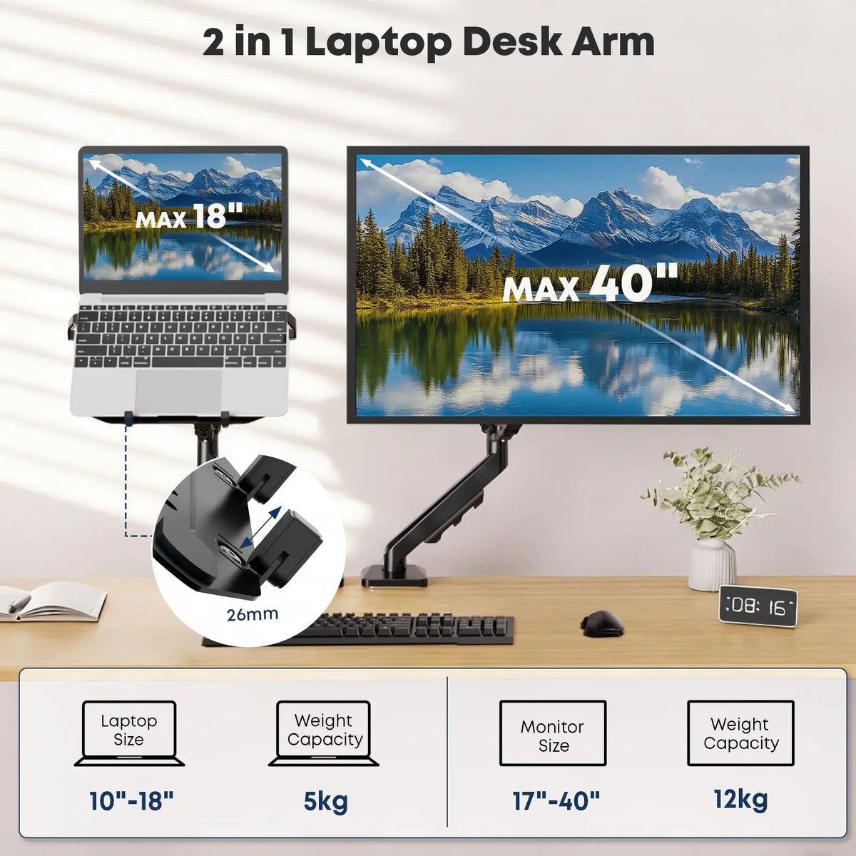 18" Laptop-Schreibtischhalterung, bis 12 kg verdeckt keine USB-Anschlüsse, 2-in-1 Halterung für max. 18" Notebook & 40" Monitor, VESA 75/100 mm PUTORSEN