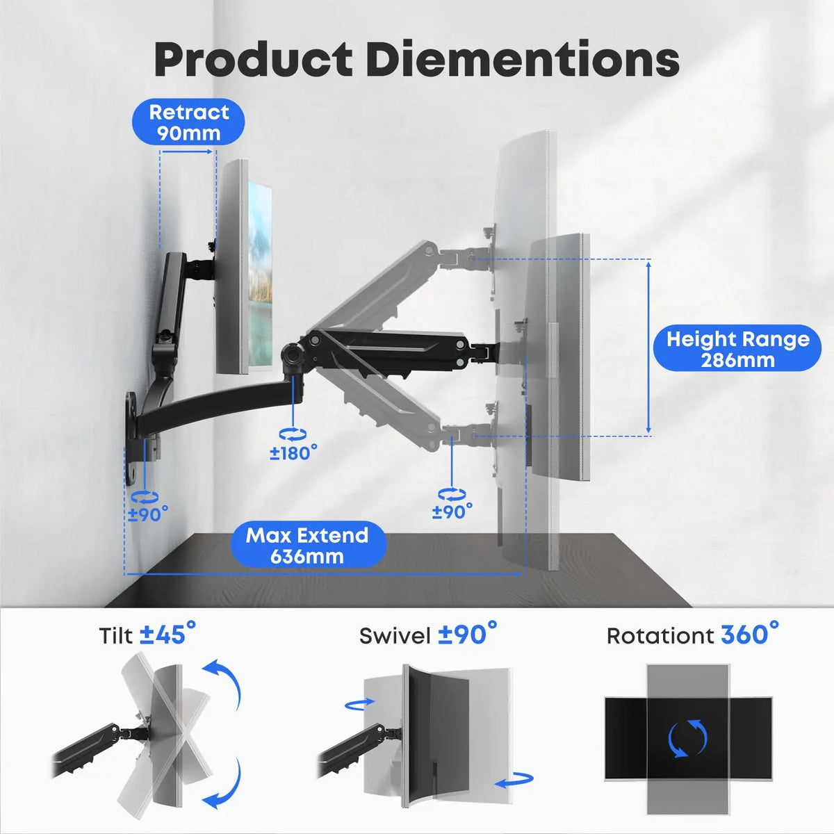 24–45'' Doppel-Monitor-Wandhalterung, 12 kg pro Arm Ergonomisch höhenverstellbar, neigbar, schwenkbar & drehbar, VESA 75x75/100x100 PUTORSEN