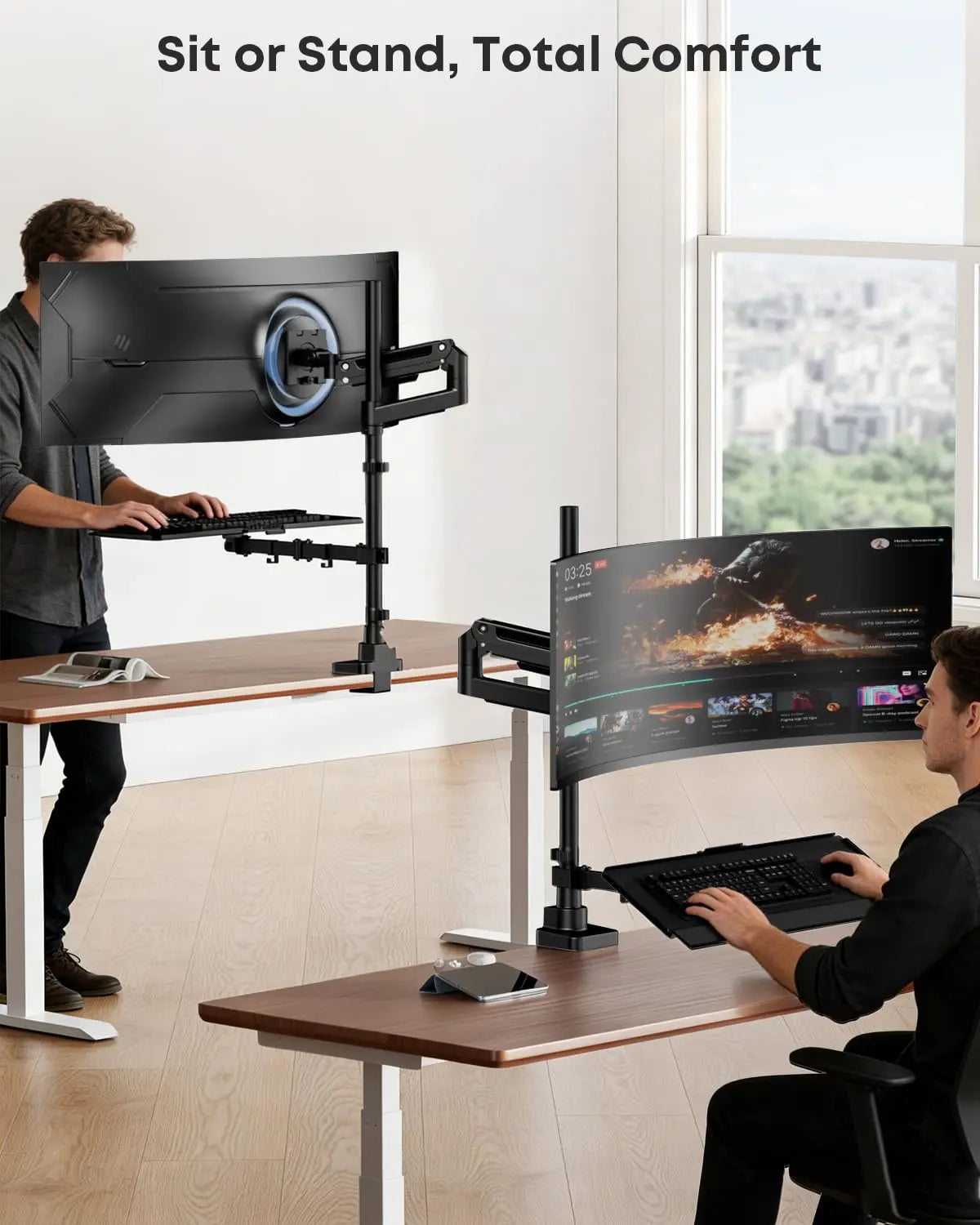 49" Heavy-Duty Sit-Stand Monitor Arm with Keyboard Tray, 44.4 lbs Capacity, 32" Full-Motion Pneumatic Spring Arm, C-Clamp & Grommet Mount, Black PUTORSEN