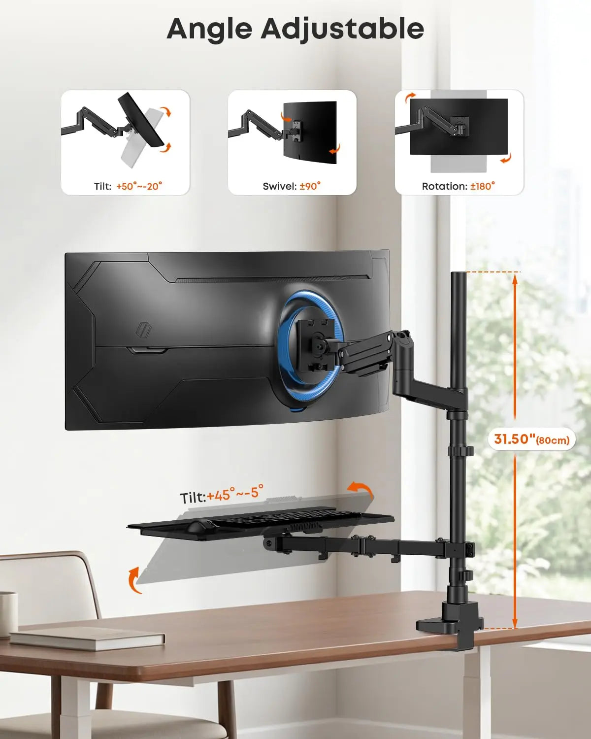 49" Heavy-Duty Sit-Stand Monitor Arm with Keyboard Tray, 44.4 lbs Capacity, 32" Full-Motion Pneumatic Spring Arm, C-Clamp & Grommet Mount, Black PUTORSEN