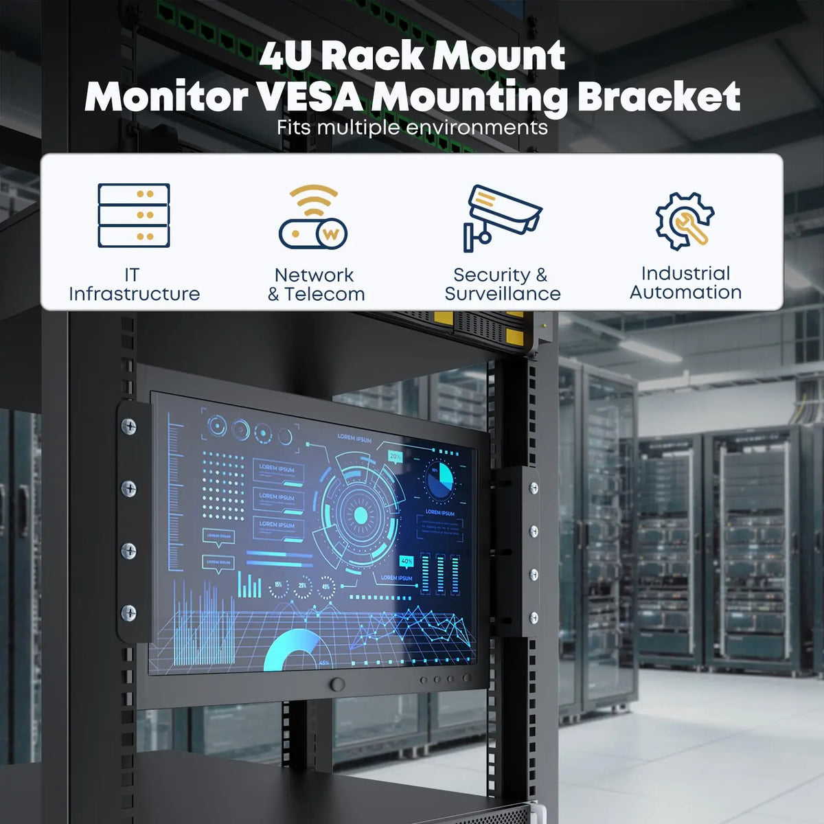 4HE Monitorhalterung für 19" Serverschrank, Schwarz Universelle VESA Rack-Halterung für LCD-Monitore, kompatibel mit VESA 75x75 & 100x100 mm, tiefenverstellbar, Stahl PUTORSEN