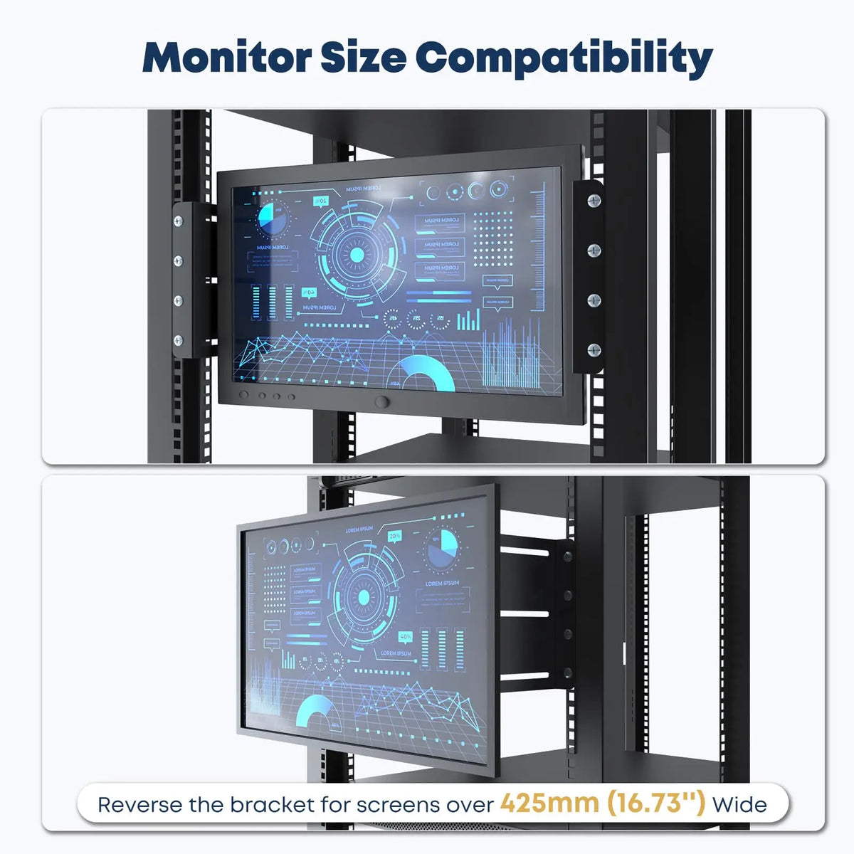 4HE Monitorhalterung für 19" Serverschrank, Schwarz Universelle VESA Rack-Halterung für LCD-Monitore, kompatibel mit VESA 75x75 & 100x100 mm, tiefenverstellbar, Stahl PUTORSEN