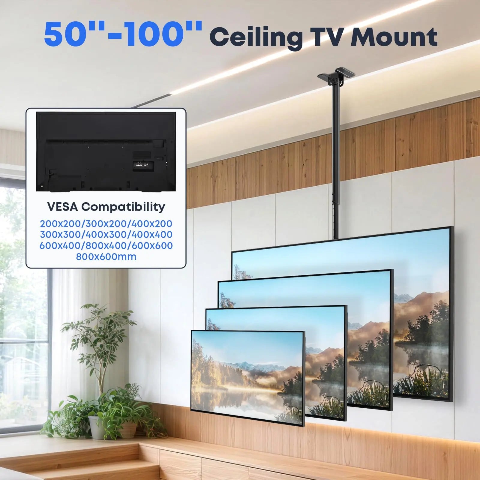 50-100'' Swivel TV Ceiling Mount, up to 176lbs, 45.3-66.9'' Adjustable Height Hanging TV Mount, Max VESA 800x600 mm PUTORSEN
