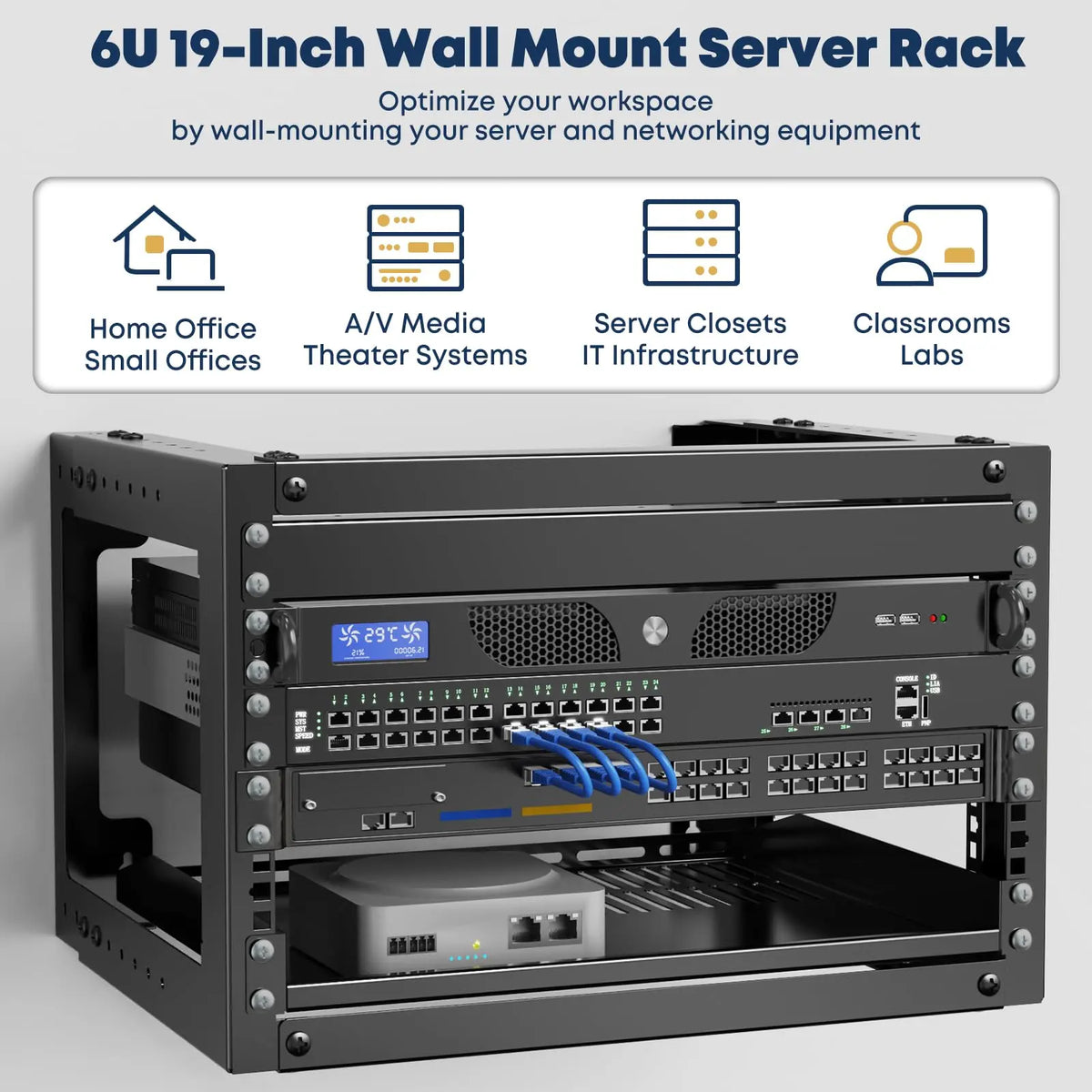 6U Wall Mount Open Frame Rack, 2-Post Steel Server Rack, 13.3-18" Adjustable Depth, for Switches, Patch Panels & AV Equipment, SPSVR-W01-6U, Black PUTORSEN