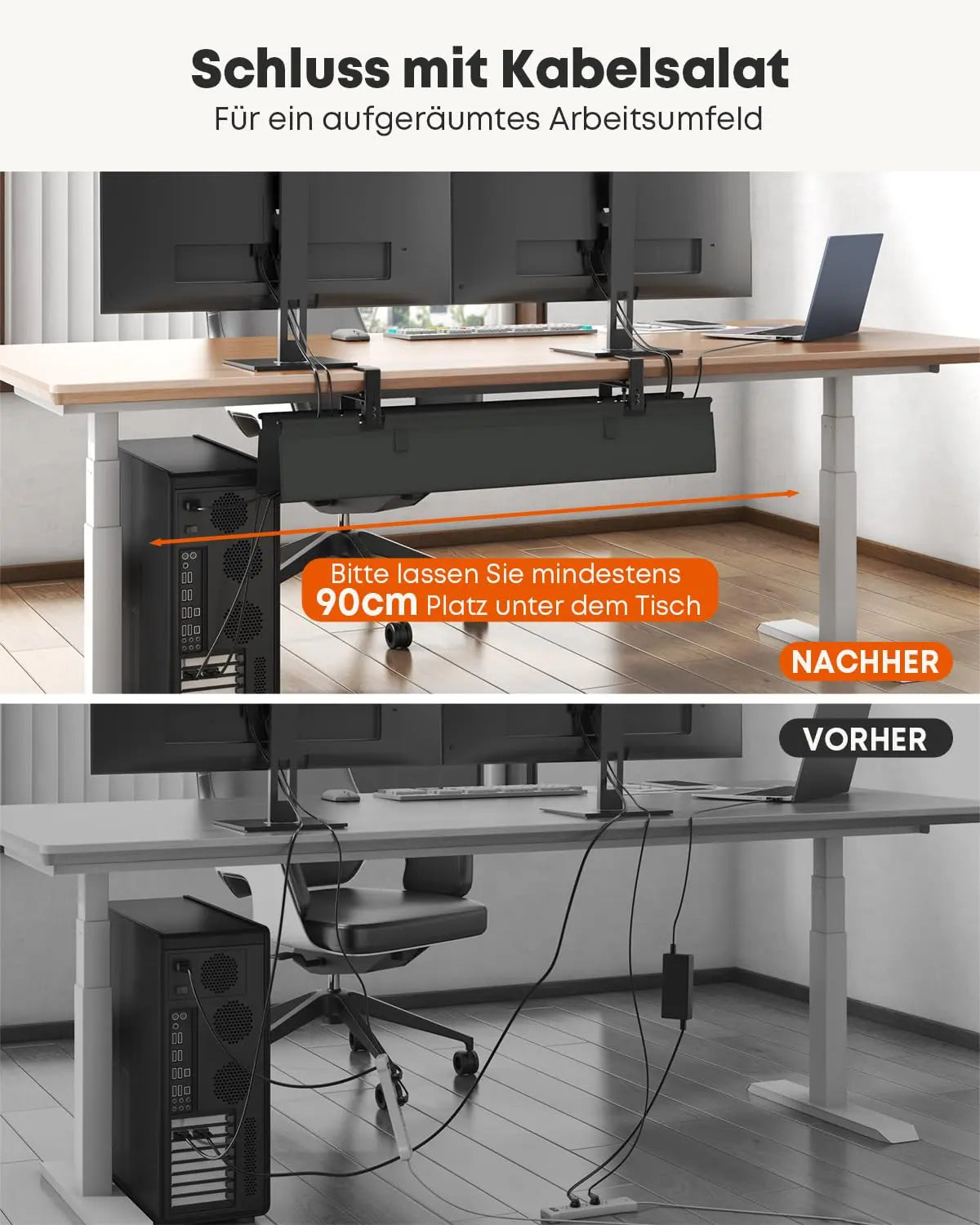 91cm Kabelwanne Schreibtisch ohne Bohren, Schwarz, für Zuhause & Büro, stabiler Kabelkanal mit Klemm-/Schraubbefestigung, Stoffbezug kratzfest, einfacher Zugriff, individuelle Kabelordnung PUTORSEN