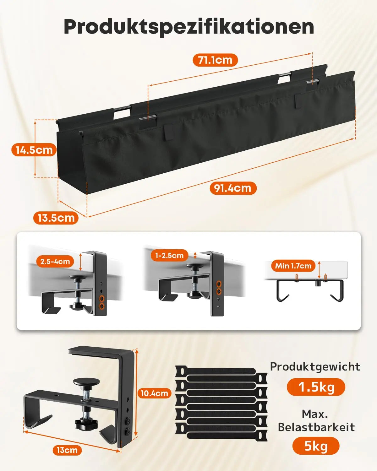 91cm Kabelwanne Schreibtisch ohne Bohren, Schwarz, für Zuhause & Büro, stabiler Kabelkanal mit Klemm-/Schraubbefestigung, Stoffbezug kratzfest, einfacher Zugriff, individuelle Kabelordnung PUTORSEN