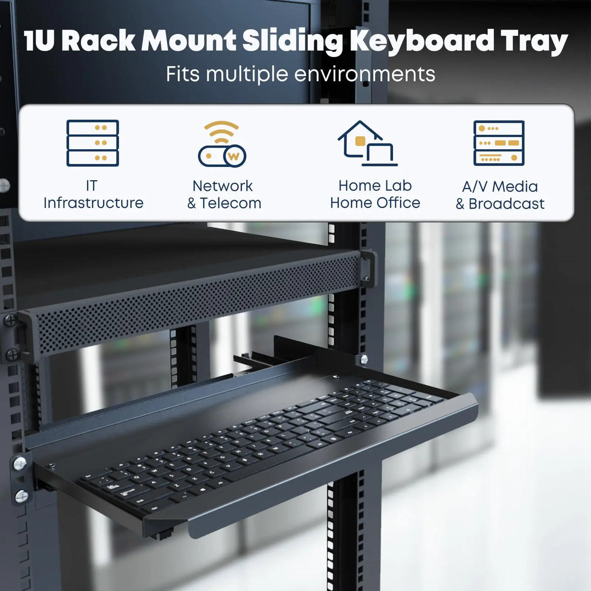 Bandeja de teclado rack 1U, profundidad 235 mm, estante deslizante metálico universal con rieles para gabinete servidor 19" PUTORSEN