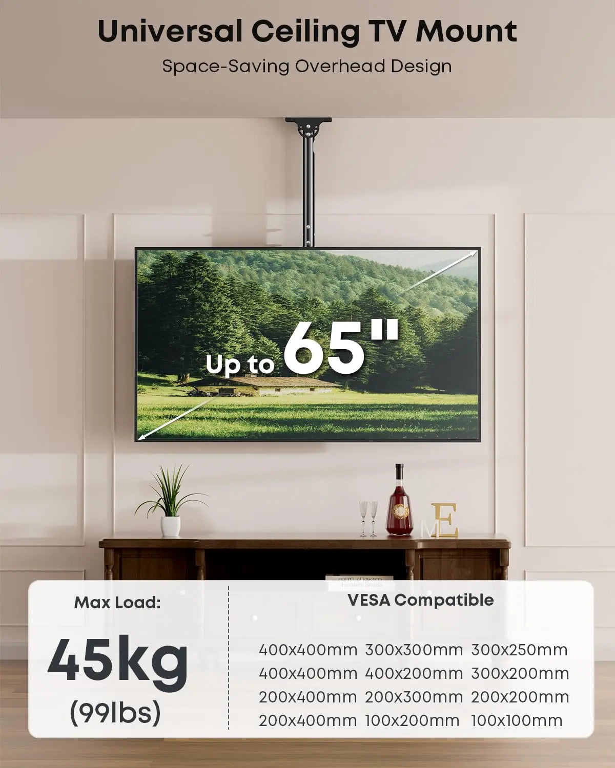 Ceiling TV Mount for 26"–65" Televisions, Full Motion Tilt & 360° Swivel, Heavy-Duty Construction, Height Adjustable, Max VESA 400x400mm, Supports Up to 99 lbs, Works for Flat & Sloped Ceilings, Black PUTORSEN