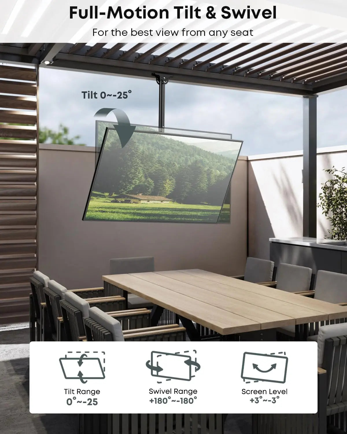 Ceiling TV Mount for 26"–65" Televisions, Full Motion Tilt & 360° Swivel, Heavy-Duty Construction, Height Adjustable, Max VESA 400x400mm, Supports Up to 99 lbs, Works for Flat & Sloped Ceilings, Black PUTORSEN
