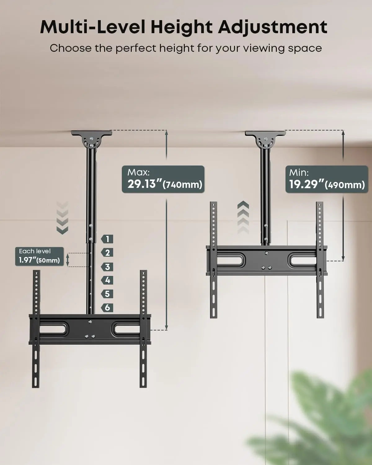 Ceiling TV Mount for 26"–65" Televisions, Full Motion Tilt & 360° Swivel, Heavy-Duty Construction, Height Adjustable, Max VESA 400x400mm, Supports Up to 99 lbs, Works for Flat & Sloped Ceilings, Black PUTORSEN