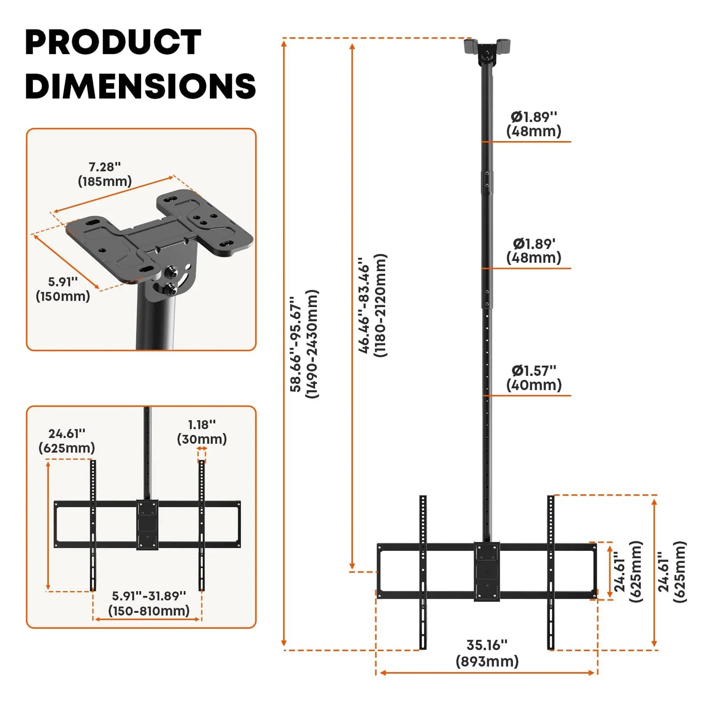 Ceiling TV Mount, Full Motion Hanging TV Mount for 50-100 Inch, Supports up to 176lbs, Full Motion 360° Rotation Hanging Ceiling Bracket Fits Most LCD LED OLED 4K TVs PUTORSEN