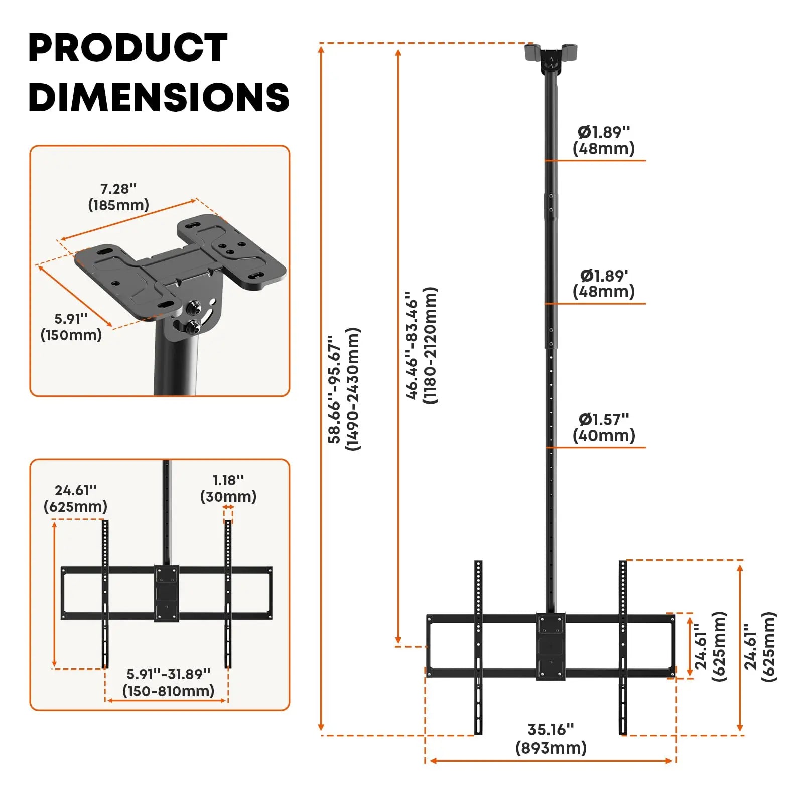 Ceiling TV Mount, Full Motion Hanging TV Mount for 50-100 Inch, Supports up to 176lbs, Full Motion 360° Rotation Hanging Ceiling Bracket Fits Most LCD LED OLED 4K TVs PUTORSEN