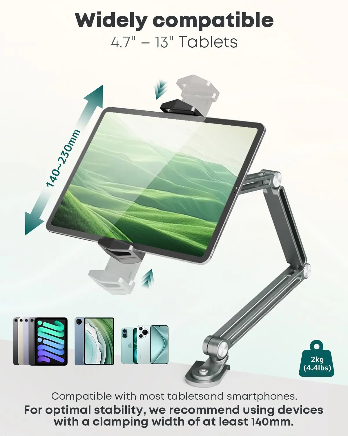 Desk Tablet Stand Holder, 3-Section Tablet Mount, Fits 7-13" Tablets & Phones, Supports up to 4.4 lbs, 360° Rotation, C-Clamp Mount, Black PUTORSEN