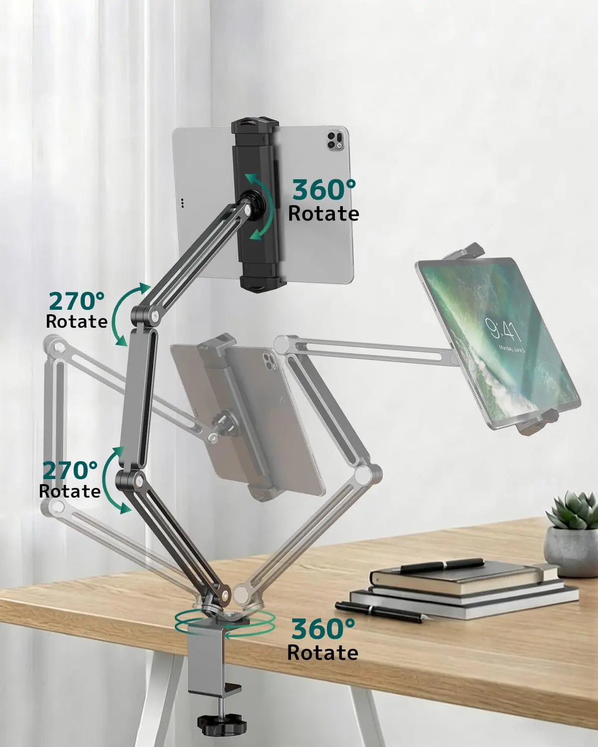 Desk Tablet Stand Holder, 3-Section Tablet Mount, Fits 7-13" Tablets & Phones, Supports up to 4.4 lbs, 360° Rotation, C-Clamp Mount, Black PUTORSEN
