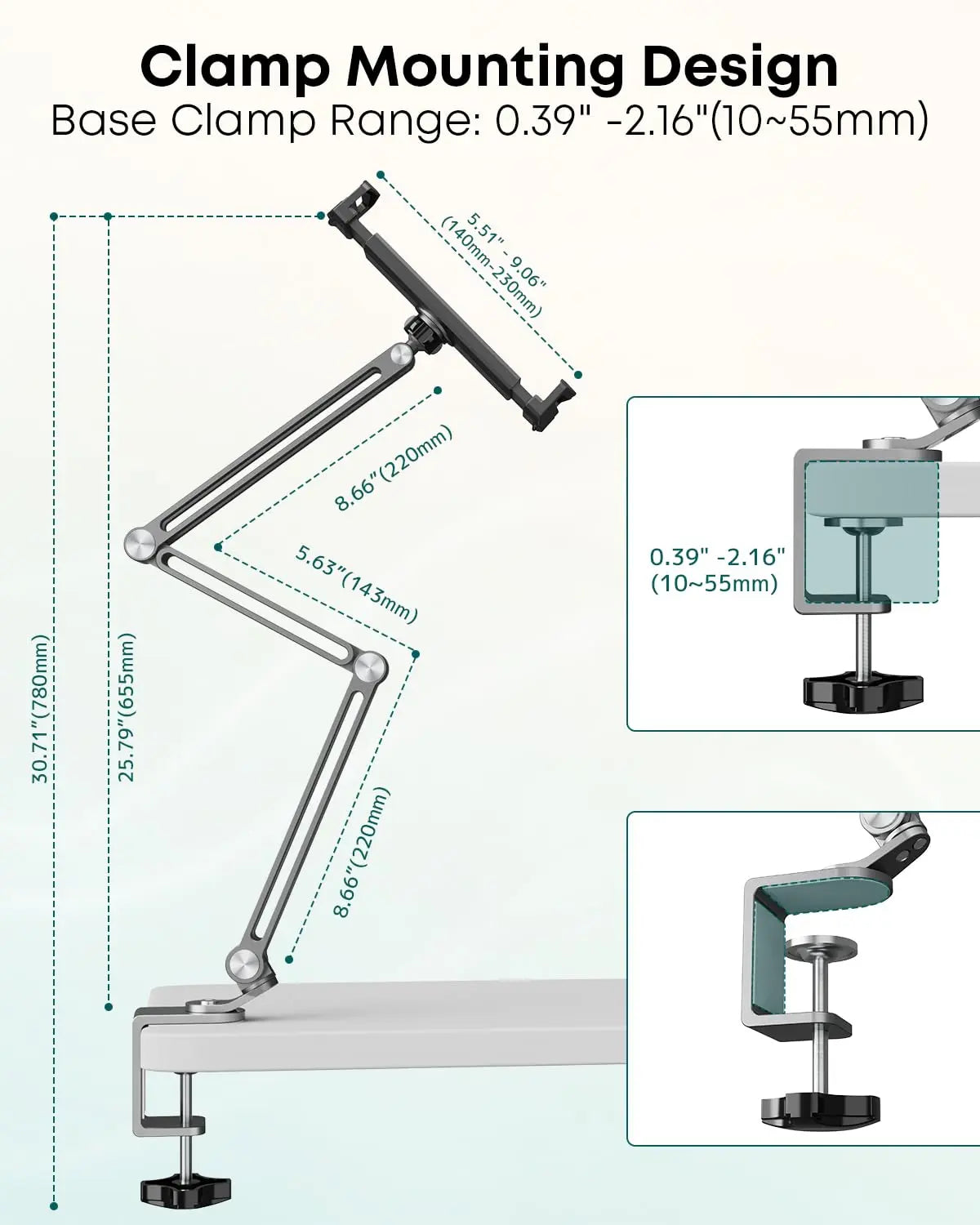 Desk Tablet Stand Holder, 3-Section Tablet Mount, Fits 7-13" Tablets & Phones, Supports up to 4.4 lbs, 360° Rotation, C-Clamp Mount, Black PUTORSEN