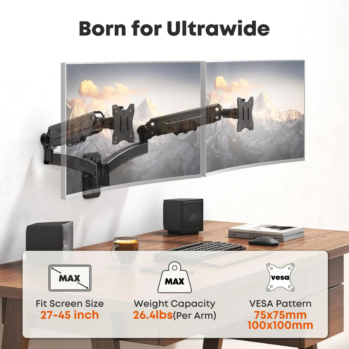 Dual Monitor Wall Mount for 27–45 Inch Flat & Curved Computer Screens, Aviation-Grade Aluminum Gas Spring, Full Motion, 26.4 lbs Per Arm, VESA 75/100 mm, Black PUTORSEN