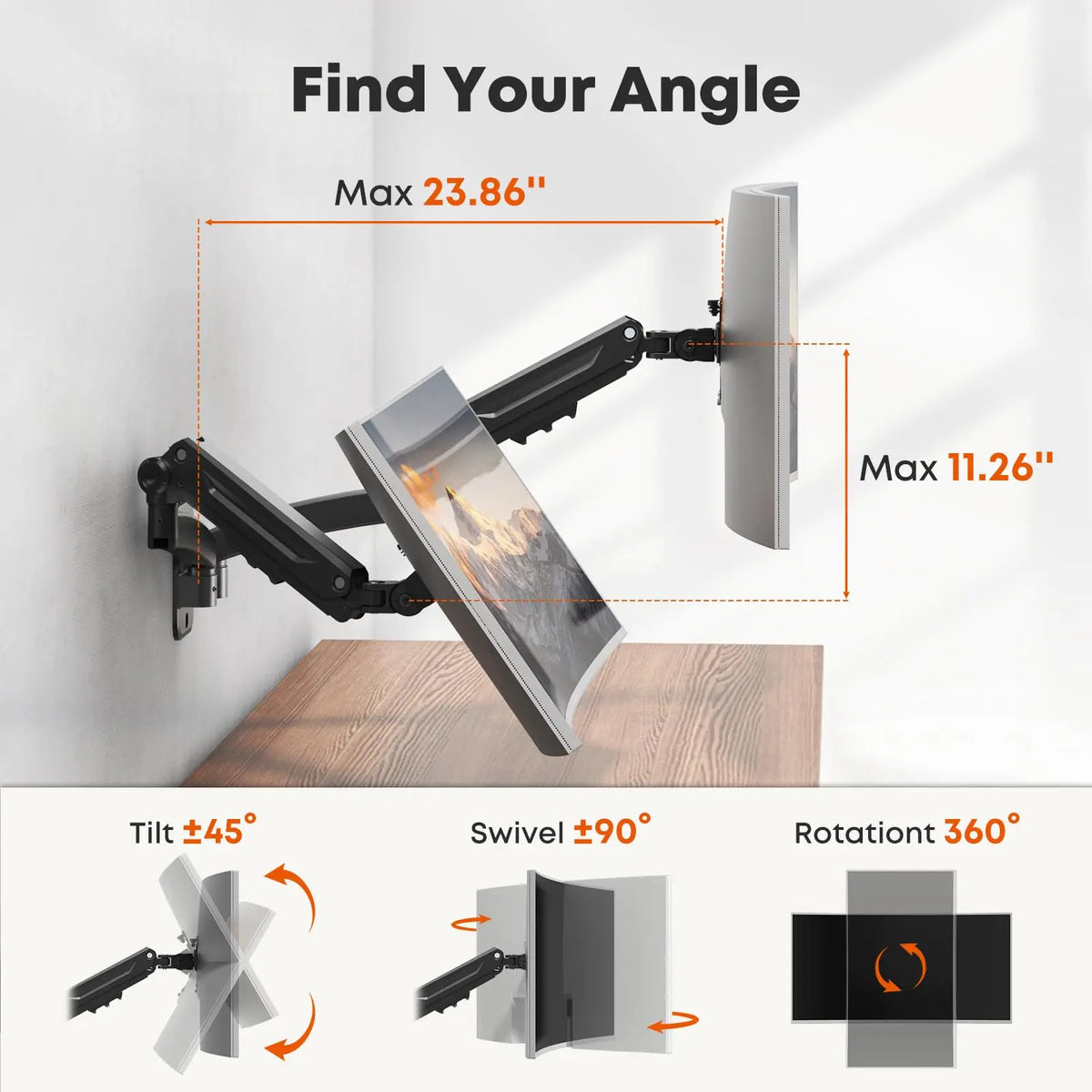 Dual Monitor Wall Mount for 27–45 Inch Flat & Curved Computer Screens, Aviation-Grade Aluminum Gas Spring, Full Motion, 26.4 lbs Per Arm, VESA 75/100 mm, Black PUTORSEN