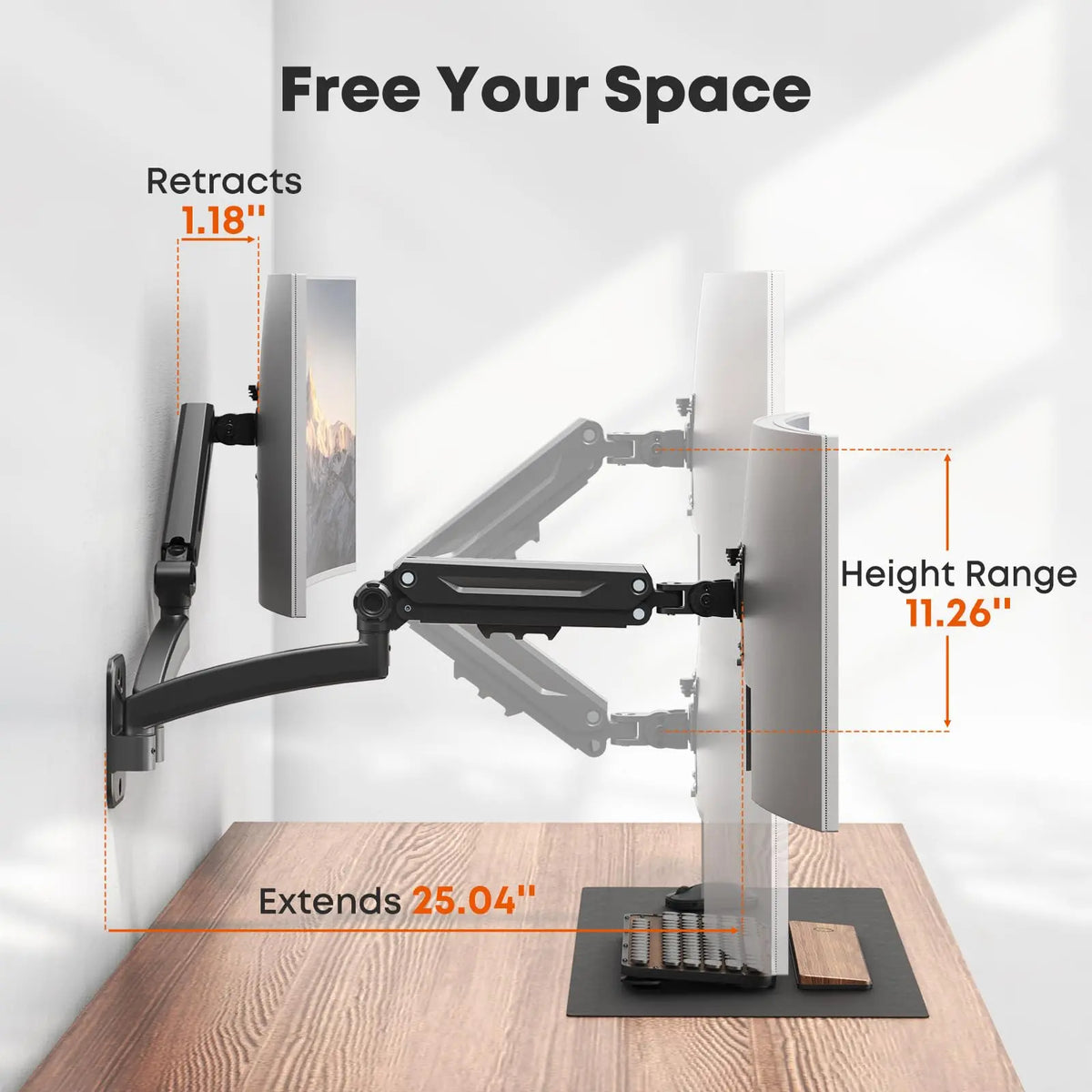 Dual Monitor Wall Mount for 27–45 Inch Flat & Curved Computer Screens, Aviation-Grade Aluminum Gas Spring, Full Motion, 26.4 lbs Per Arm, VESA 75/100 mm, Black PUTORSEN