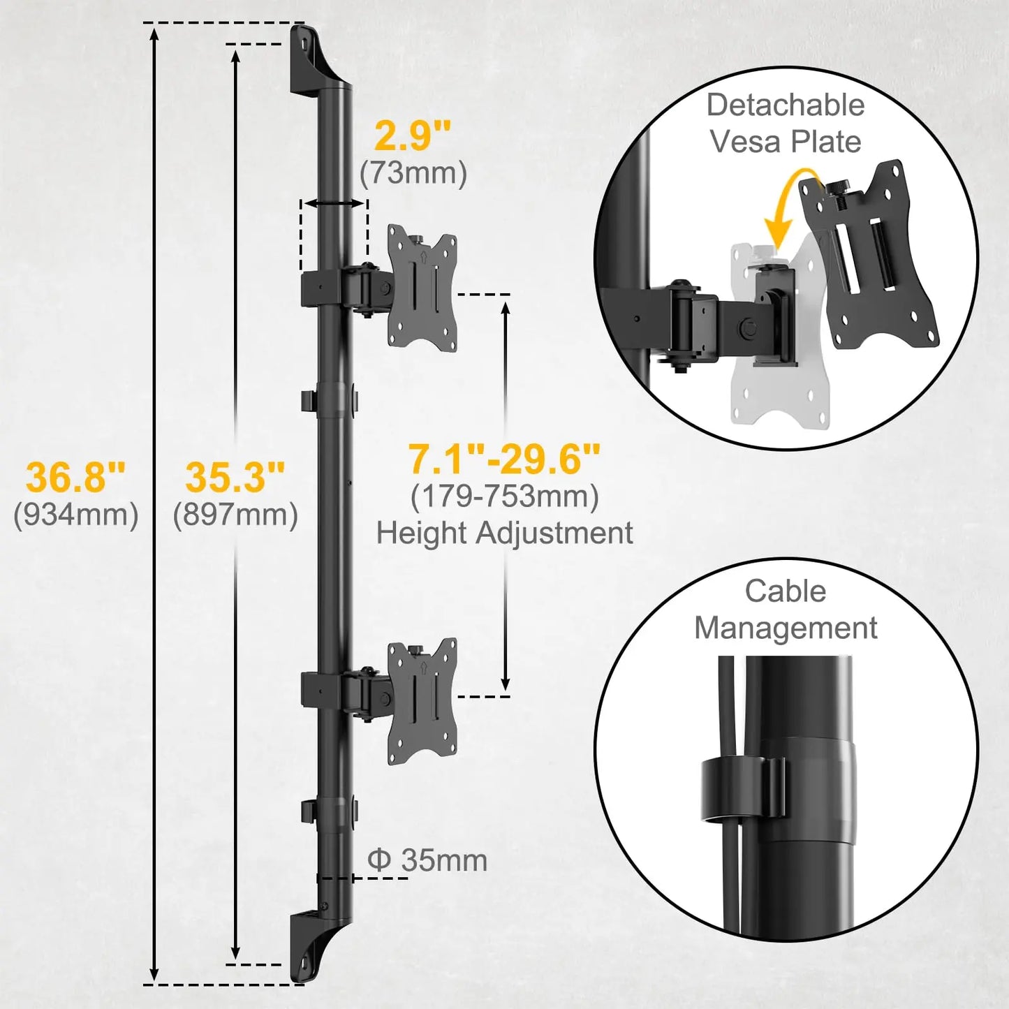 Dual Monitor Wandhalterung für 17" - 32" (2x9KG) – Voll Beweglich mit VESA 75/100 – Höhenverstellbar & Kabelmanagement PUTORSEN