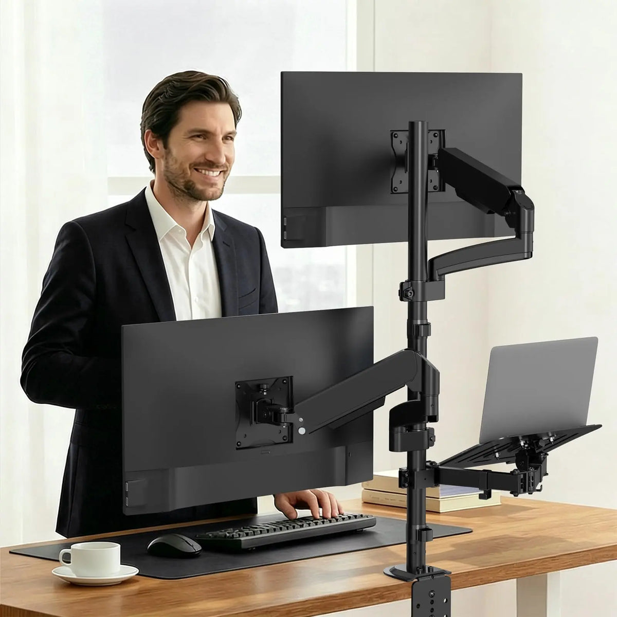 Dual Monitor & Laptop Desk Mount, Fits 32" Monitors & 10-17" Laptops, 19.8 lbs Per Arm, Extra Long Pole, Full Motion & Height Adjustable, C-Clamp Base PUTORSEN