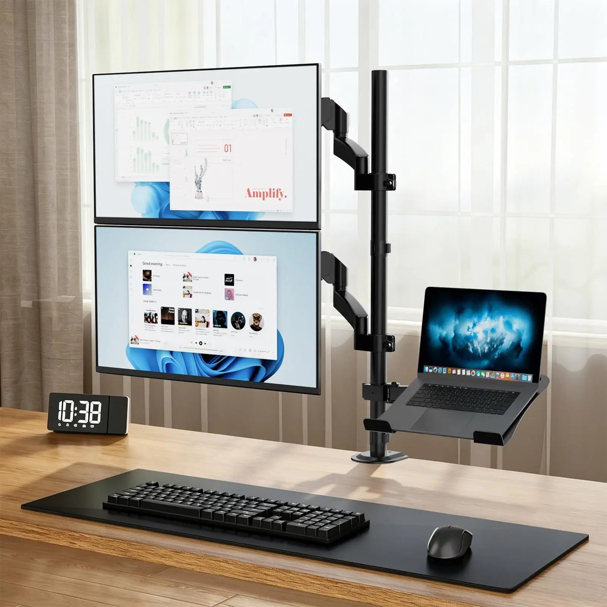 Dual Monitor & Laptop Desk Mount, Fits 32" Monitors & 10-17" Laptops, 19.8 lbs Per Arm, Extra Long Pole, Full Motion & Height Adjustable, C-Clamp Base PUTORSEN