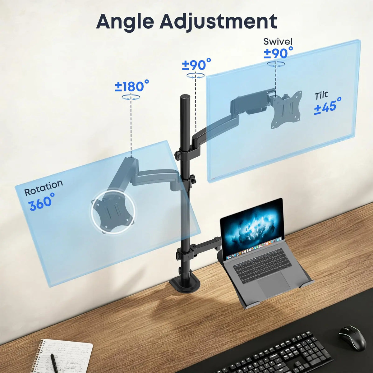 Dual Monitor & Laptop Desk Mount, Fits 32" Monitors & 10-17" Laptops, 19.8 lbs Per Arm, Extra Long Pole, Full Motion & Height Adjustable, C-Clamp Base PUTORSEN