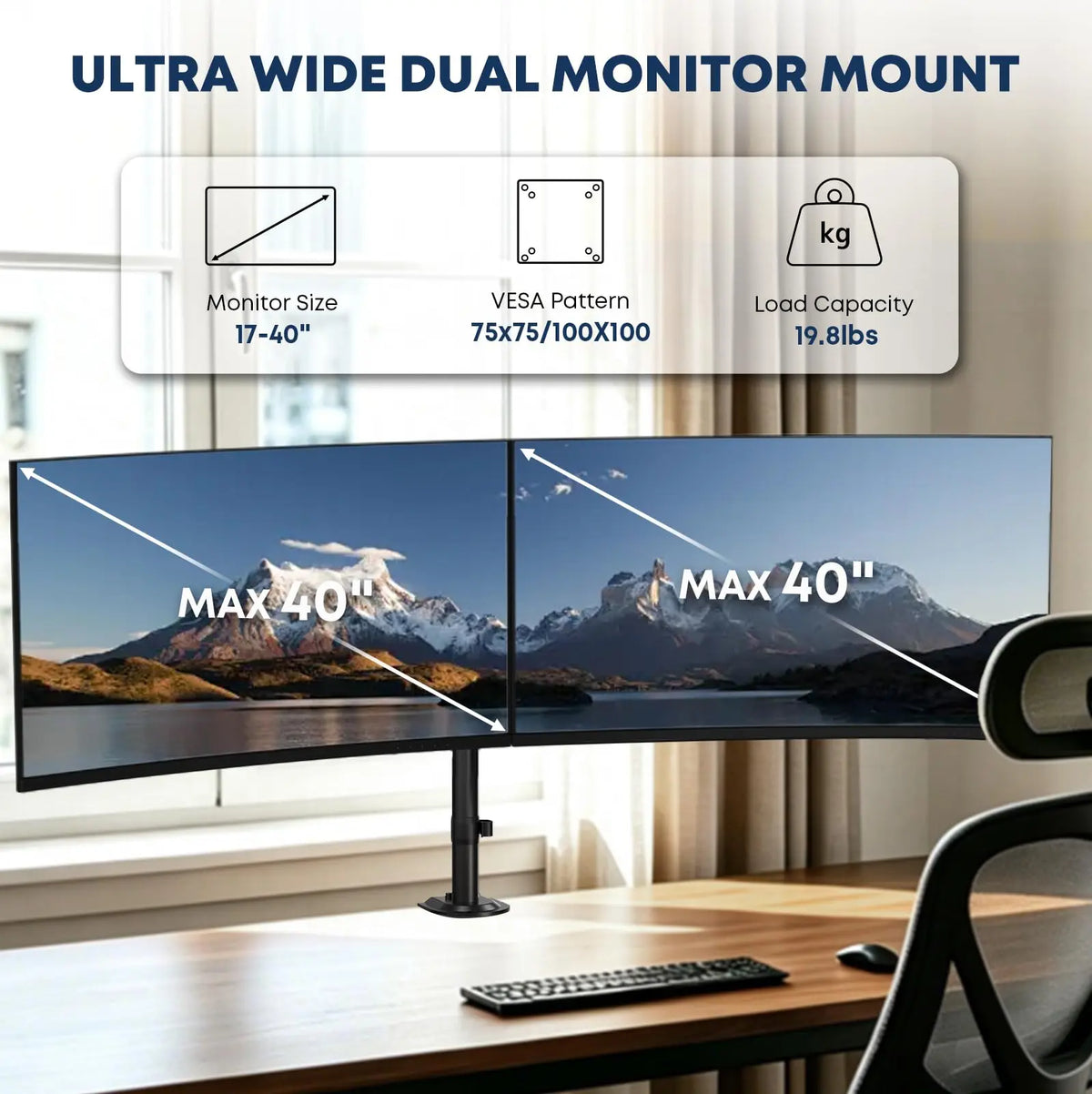 Dual Ultrawide Monitor Mount for 17"–40" Screens, Supports Up to 19.8 lbs Per Arm, Height Adjustable VESA Plate, Flush Wall Installation, Dual Ultrawide Monitor Arm with Clamp & Grommet Desk Base PUTORSEN