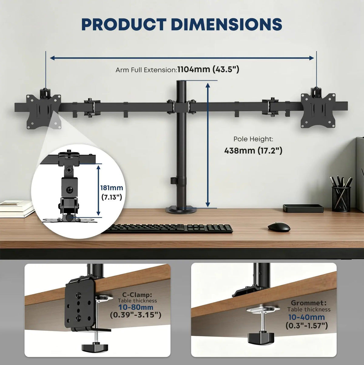 Dual Ultrawide Monitor Mount for 17"–40" Screens, Supports Up to 19.8 lbs Per Arm, Height Adjustable VESA Plate, Flush Wall Installation, Dual Ultrawide Monitor Arm with Clamp & Grommet Desk Base PUTORSEN