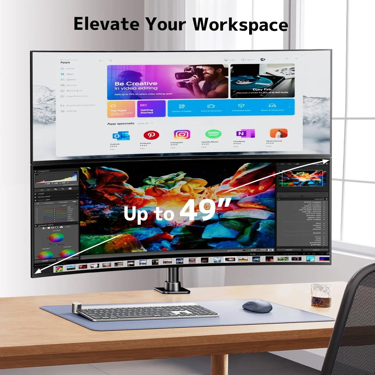 Dual Vertically Stacked Ultrawide Monitor Desk Mount 17-49 Inch - Extra Tall Heavy Duty Adjustable Monitor Arm for 2 monitores,Weight 2-20 kg per Arm,VESA 75/100 mm PUTORSEN