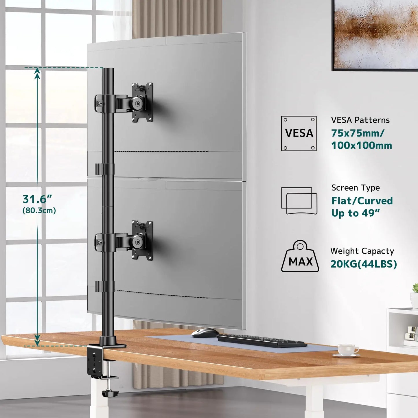 Dual Vertically Stacked Ultrawide Monitor Desk Mount 17-49 Inch - Extra Tall Heavy Duty Adjustable Monitor Arm for 2 monitores,Weight 2-20 kg per Arm,VESA 75/100 mm PUTORSEN
