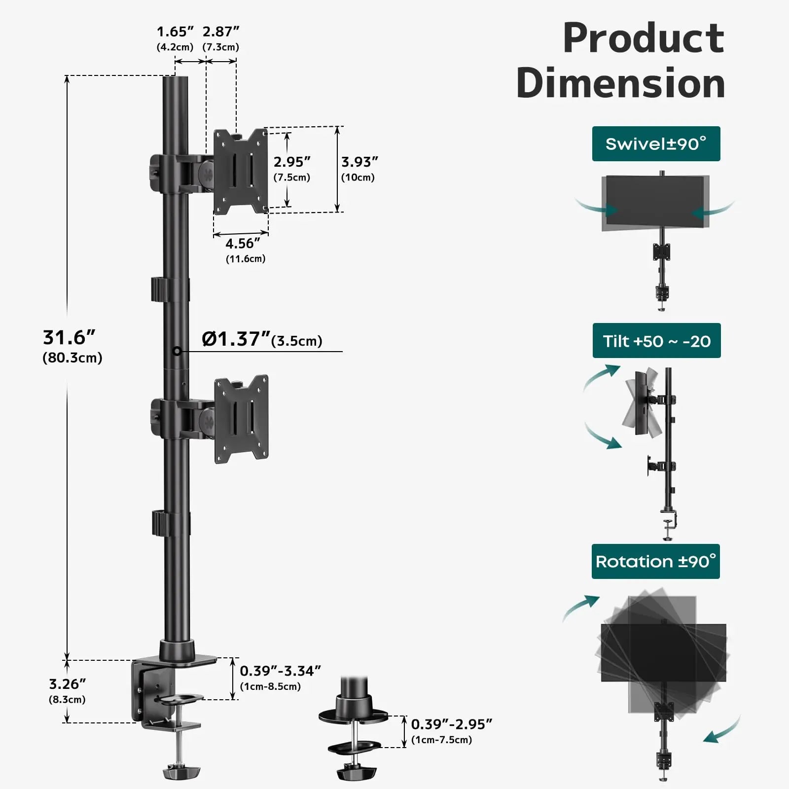 Dual Vertically Stacked Ultrawide Monitor Desk Mount 17-49 Inch - Extra Tall Heavy Duty Adjustable Monitor Arm for 2 monitores,Weight 2-20 kg per Arm,VESA 75/100 mm PUTORSEN