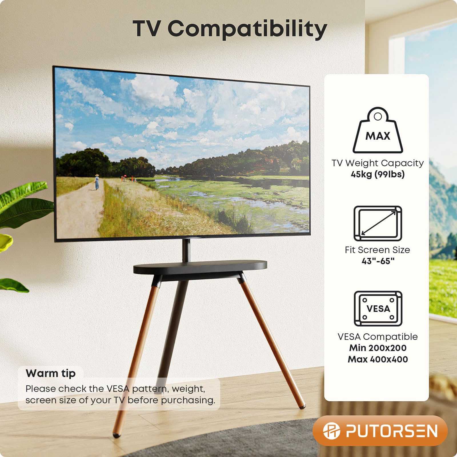 Easel TV Floor Stand for Most 45 to 65 Inch Screens with Tray PUTORSEN