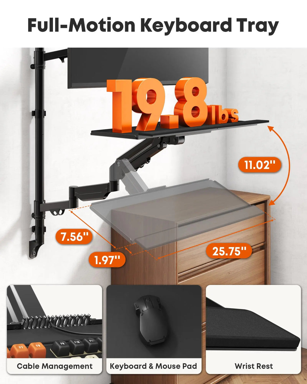 Extra Long Gas Spring Wall Mount with Keyboard Tray for 17-32 Inch Monitors, Full Motion & Height Adjustable, Holds up to 19.8 lbs, VESA 75x75/100x100 mm, Black PUTORSEN
