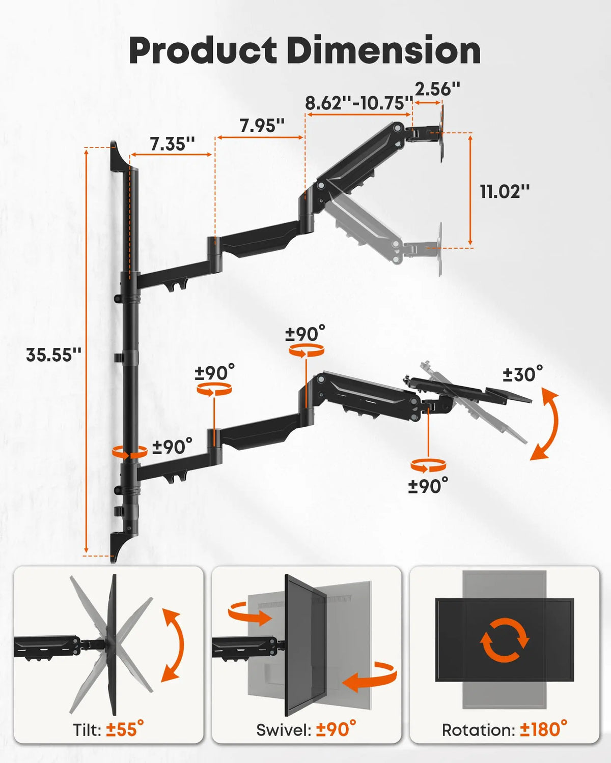 Extra Long Gas Spring Wall Mount with Keyboard Tray for 17-32 Inch Monitors, Full Motion & Height Adjustable, Holds up to 19.8 lbs, VESA 75x75/100x100 mm, Black PUTORSEN