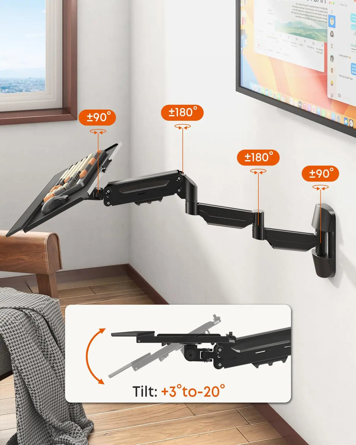 Extra Long Keyboard Wall Mount - 26 Inch Wall Mount Keyboard and Mouse Tray, Full Motion Typing Platform with Spring Arm, Holds up to 19.8 lbs PUTORSEN