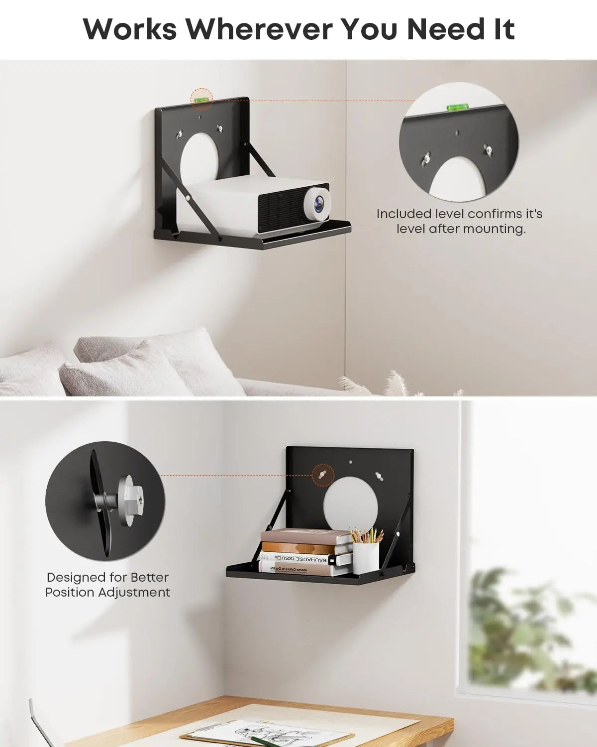 Flip Down Projector Wall Mount Shelf, Holds up to 22 lbs, for Home Cinema, Folds Flat Against Wall Like a Picture Frame When Not in Use, Space Saving PUTORSEN
