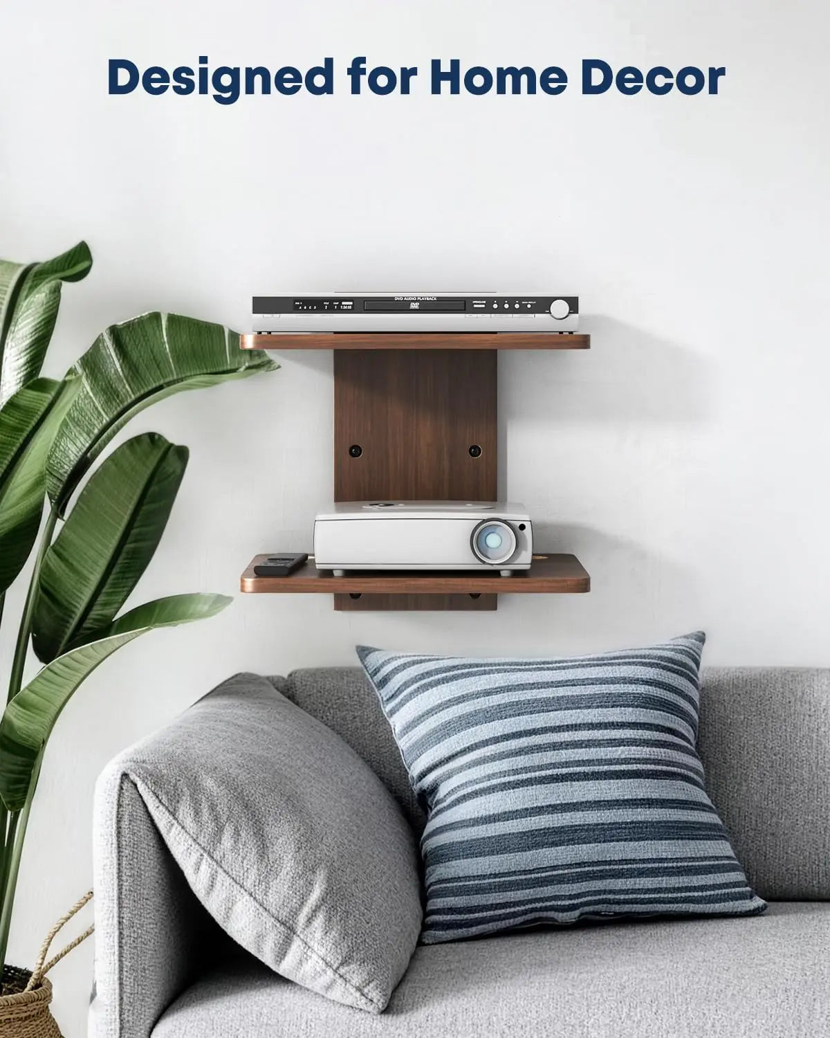 Floating Wall Mount TV Projector Shelf, 2-Tier Wooden, Walnut Brown, Cable Management, for Router, Game Console, DVD Player, Cable Box, PlayStation, Holds 22 lbs Per Shelf PUTORSEN