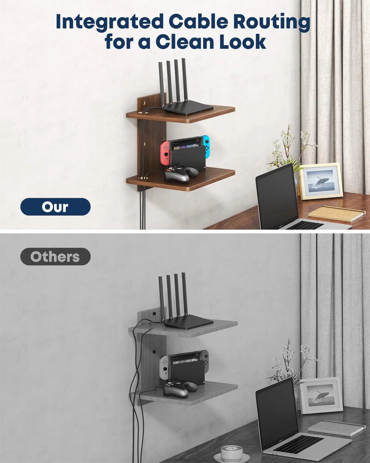 Floating Wall Mount TV Projector Shelf, 2-Tier Wooden, Walnut Brown, Cable Management, for Router, Game Console, DVD Player, Cable Box, PlayStation, Holds 22 lbs Per Shelf PUTORSEN