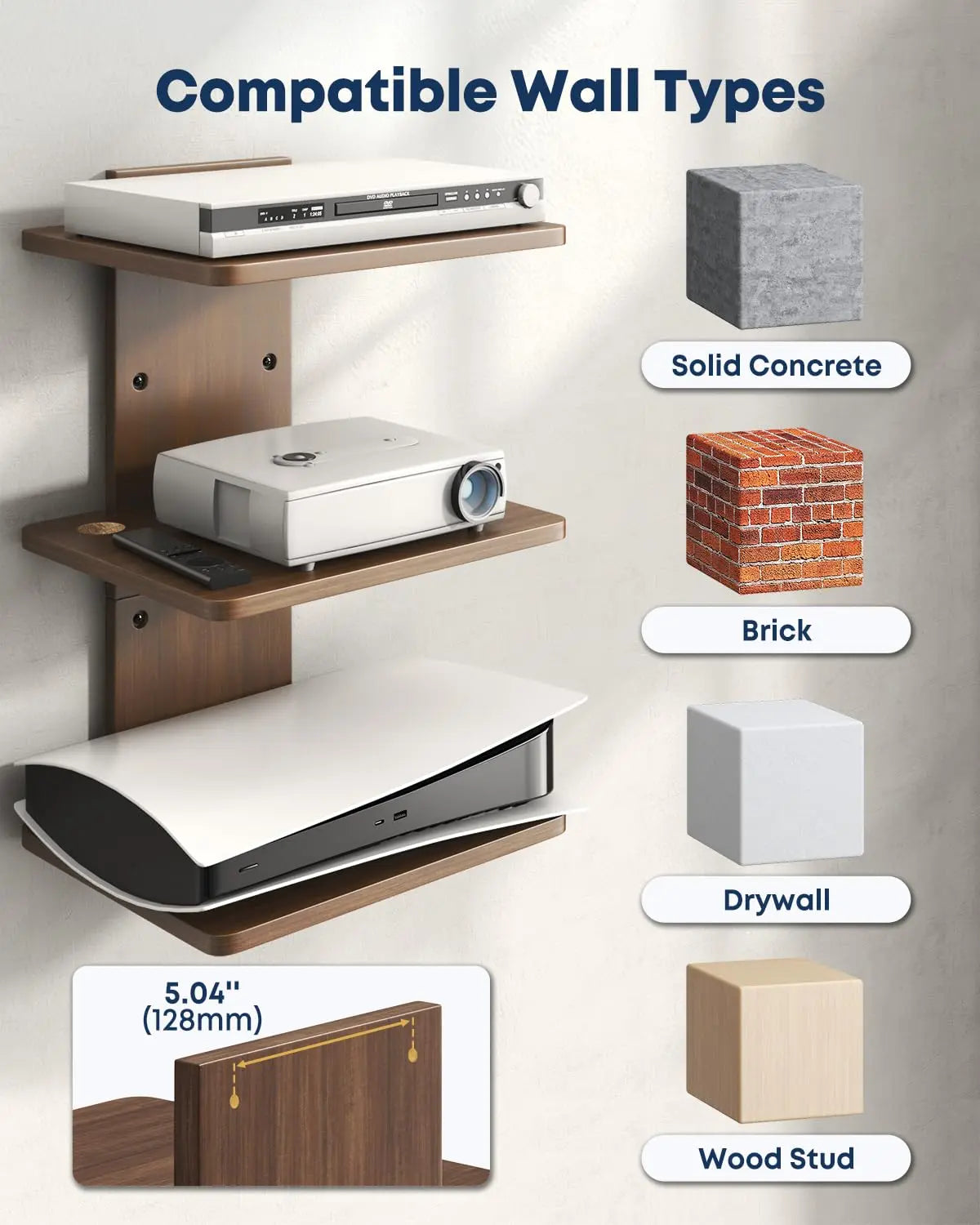 Floating Wall Mount TV Projector Shelf, 3-Tier Wooden, Walnut Brown, Cable Management, for Router, Game Console, DVD Player, Cable Box, PlayStation, Holds 22 lbs Per Shelf PUTORSEN